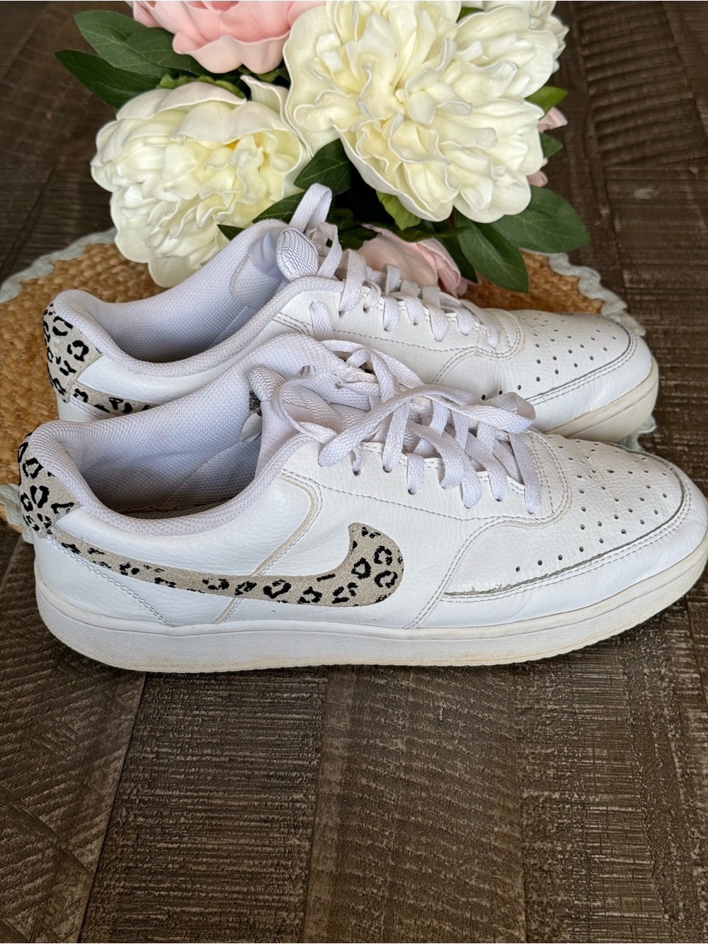 Nike White Sneakers with Leopard Swoosh